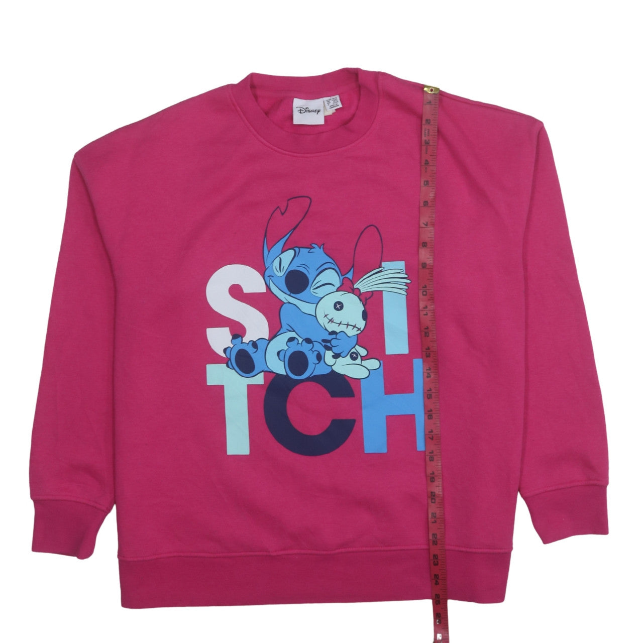 Disney Women Pink Stitch Pullover Sweatshirt L Crew Neck Cotton Blend