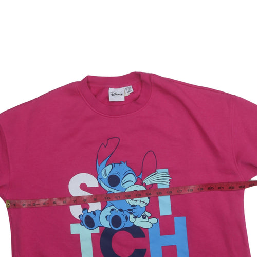 Disney Women Pink Stitch Pullover Sweatshirt L Crew Neck Cotton Blend