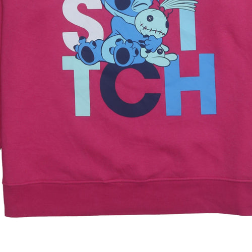 Disney Women Pink Stitch Pullover Sweatshirt L Crew Neck Cotton Blend