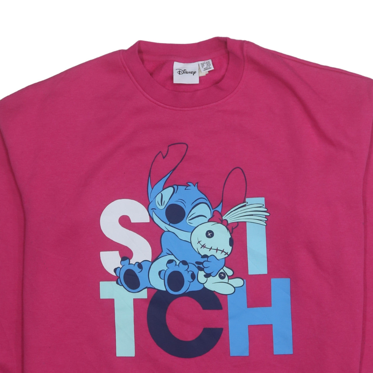 Disney Women Pink Stitch Pullover Sweatshirt L Crew Neck Cotton Blend