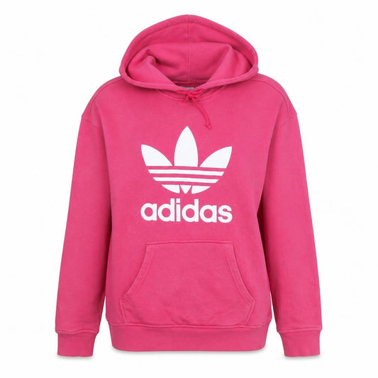 Front view of Adidas women’s pink hooded pullover sweatshirt, size UK 12, with logo