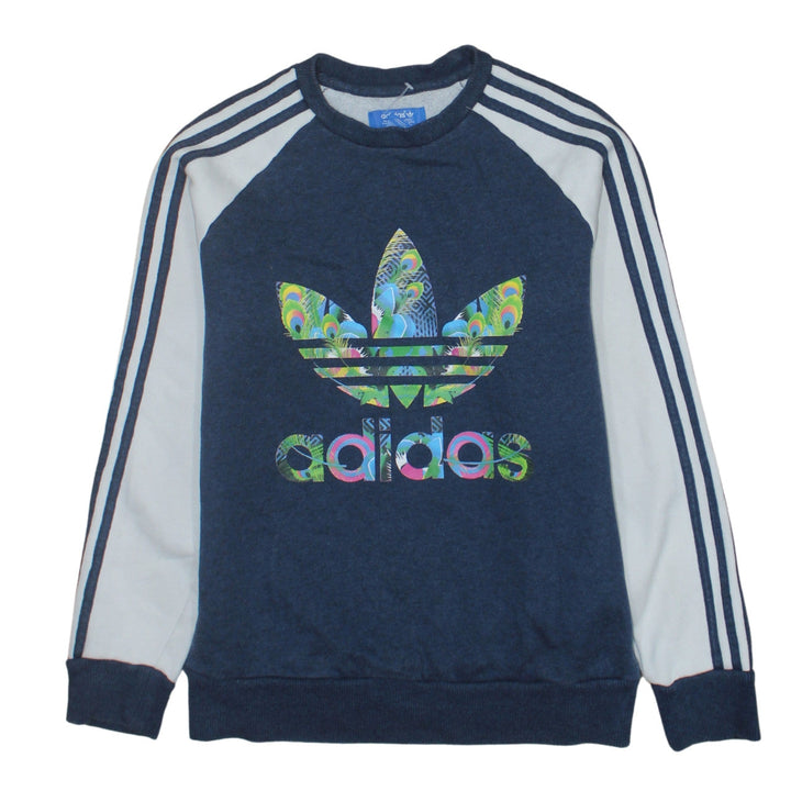 Adidas Womens Blue Sweatshirt Size 12 Crew Neck Long Sleeve Logo Print