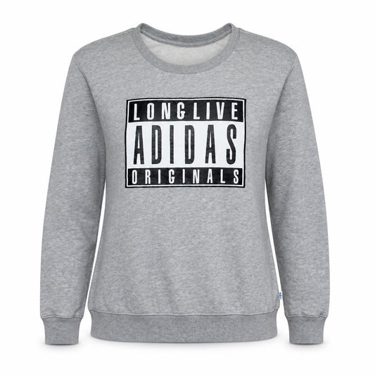 Front view of Adidas Originals women’s grey pullover sweatshirt xs long sleeve crew neck