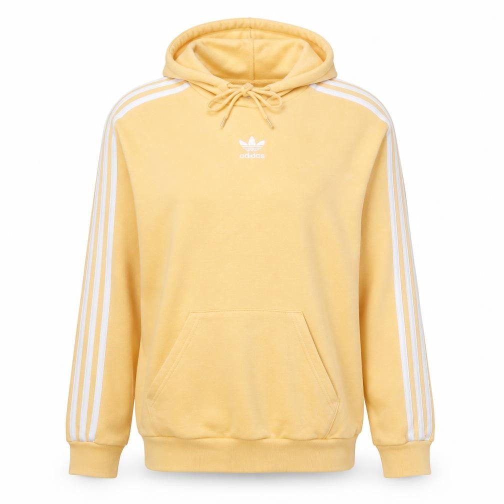 Front view of Adidas women’s yellow pullover hoodie, size UK 4, uk with white stripes
