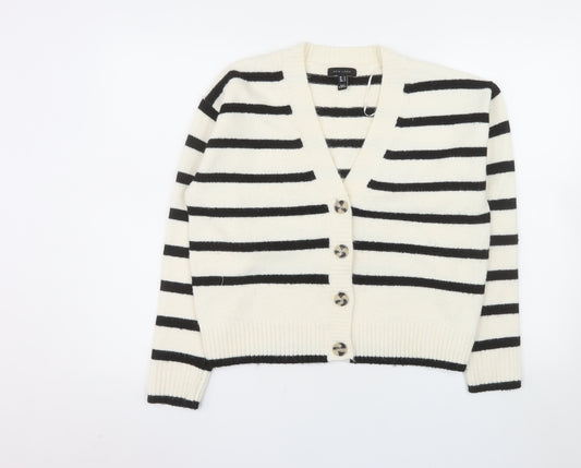New Look Women Ivory Black Striped V-Neck Cardigan Size S