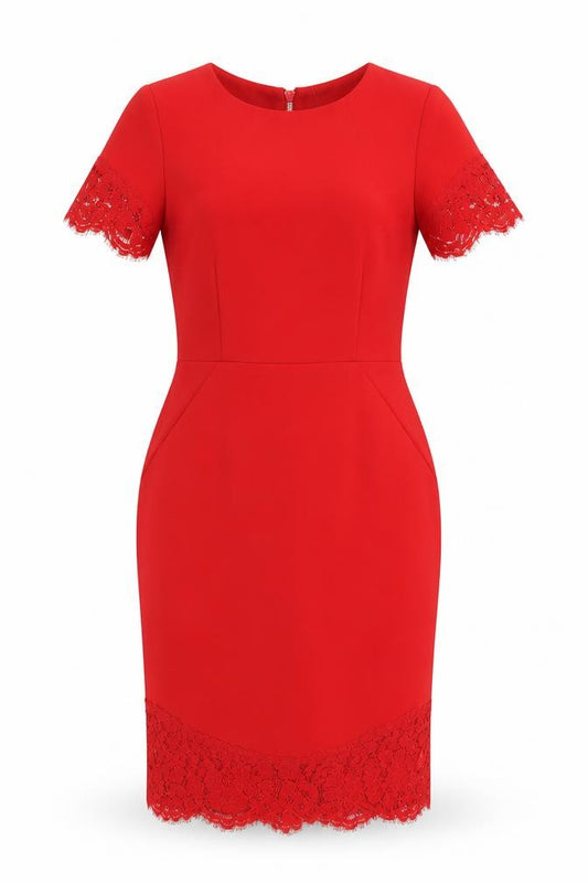 Front view of H&M Women’s Red Sheath Lace Trim Knee Length Dress, size UK 6
