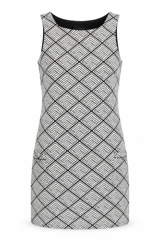 Front view of Dorothy Perkins Women’s Black Geometric Shift Dress, size UK 12