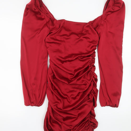 Oh Polly Women’s Red Ruched Satin Bodycon Mini Dress Size 10