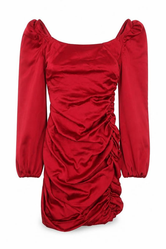 Front view of Oh Polly Women’s Red Ruched Satin Bodycon Mini Dress, size UK 10
