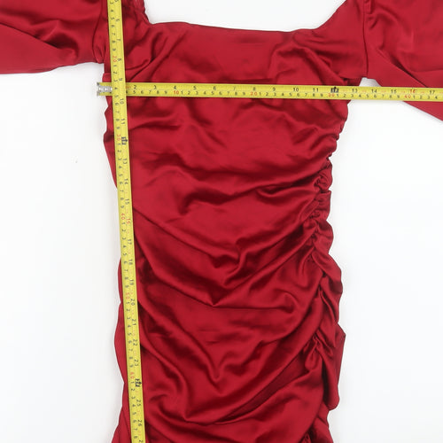 Oh Polly Women’s Red Ruched Satin Bodycon Mini Dress Size 10