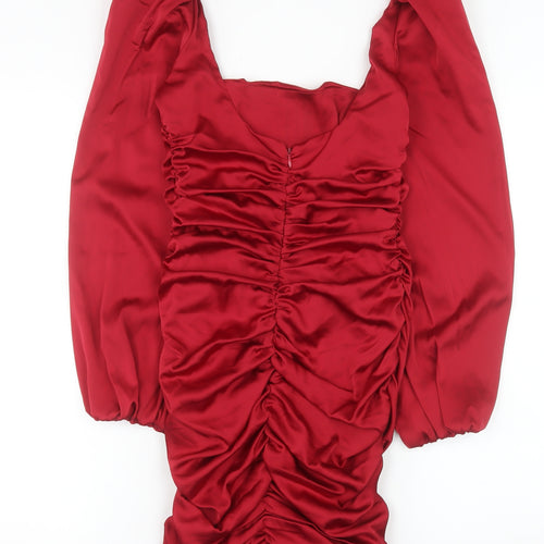Oh Polly Women’s Red Ruched Satin Bodycon Mini Dress Size 10