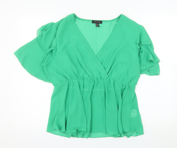 New Look Women Green V-Neck Wrap Chiffon Blouse Size 16