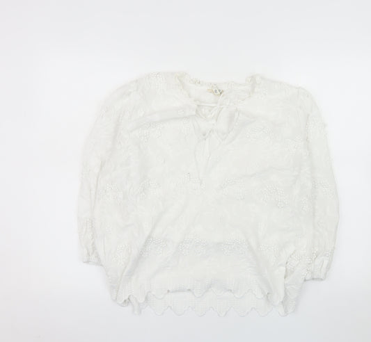 River Island Women White Cotton Embroidered Long Sleeve Peasant Blouse Size 14