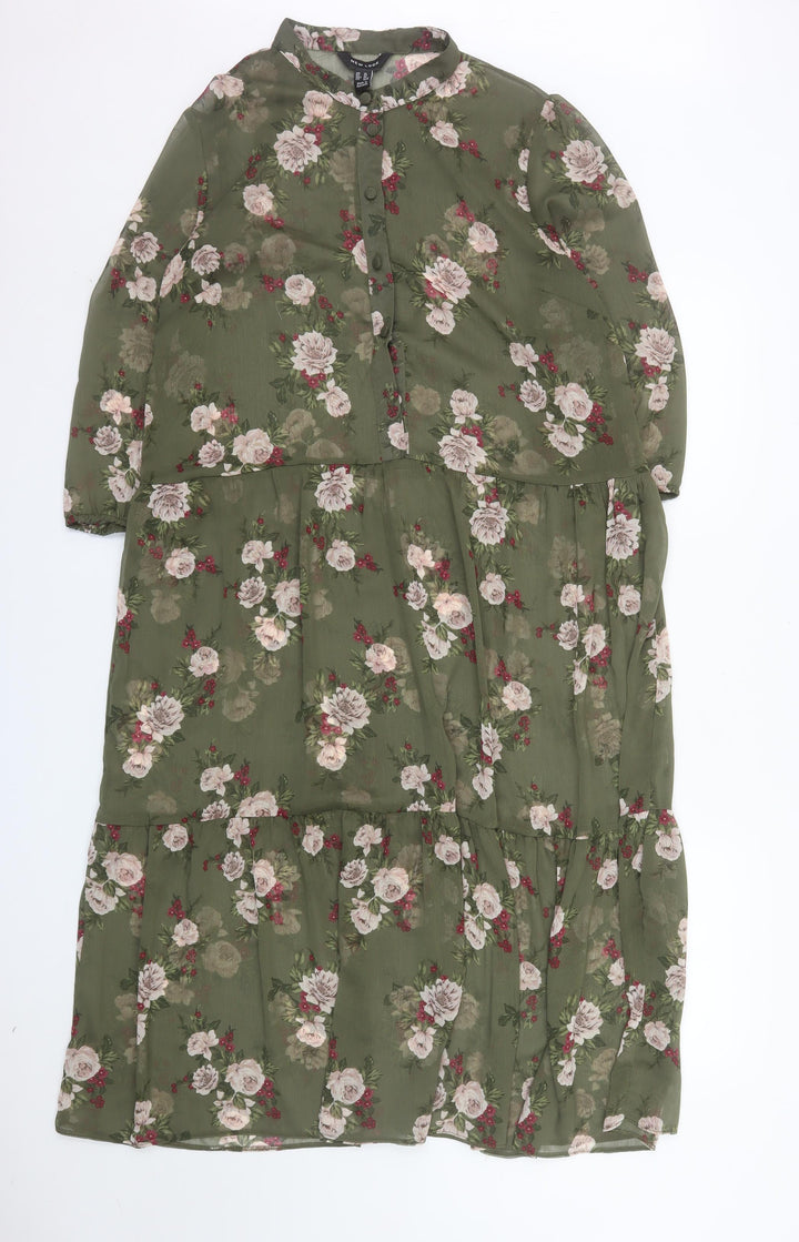 New Look Women Green Floral Long Sleeve Midi Dress Size 14
