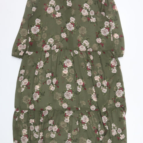 New Look Women Green Floral Long Sleeve Midi Dress Size 14