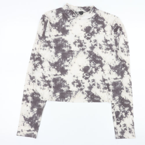New Look Women Grey Tie-Dye Long Sleeve Mock Neck Cropped Top Size 18