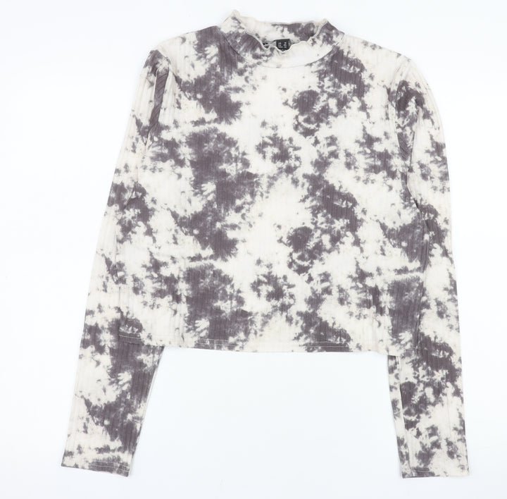 New Look Women Grey Tie-Dye Long Sleeve Mock Neck Cropped Top Size 18