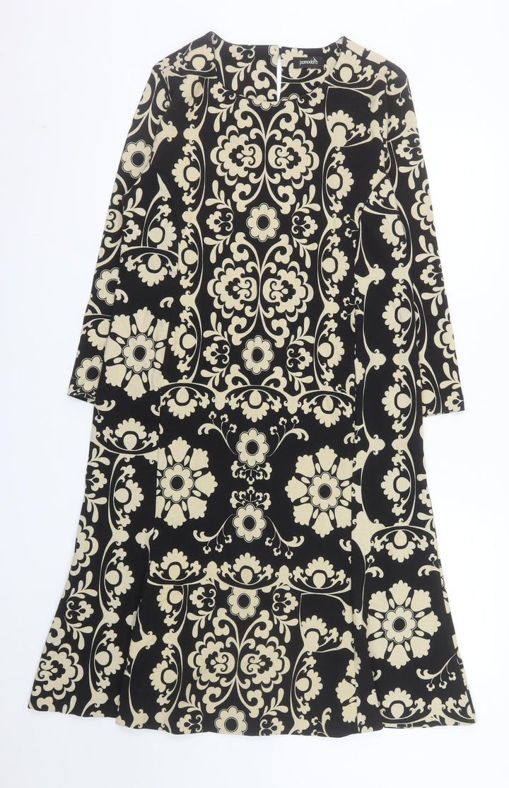 Pomodoro Women Black Beige Floral Shift Dress Size 14 Long Sleeve
