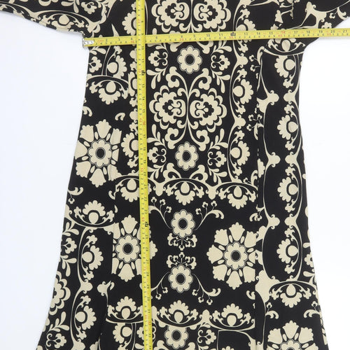 Pomodoro Women Black Beige Floral Shift Dress Size 14 Long Sleeve