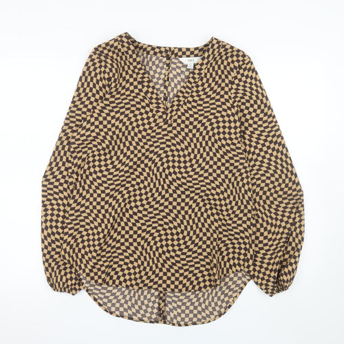 Marks and Spencer Women's Brown Check Long Sleeve V-Neck Blouse Size 8 Regular