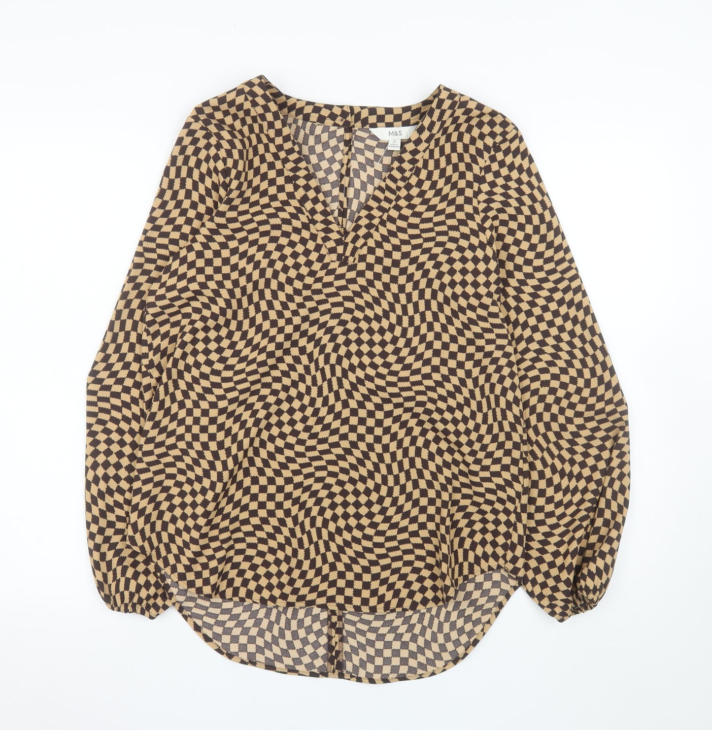 Marks and Spencer Women's Brown Check Long Sleeve V-Neck Blouse Size 8 Regular