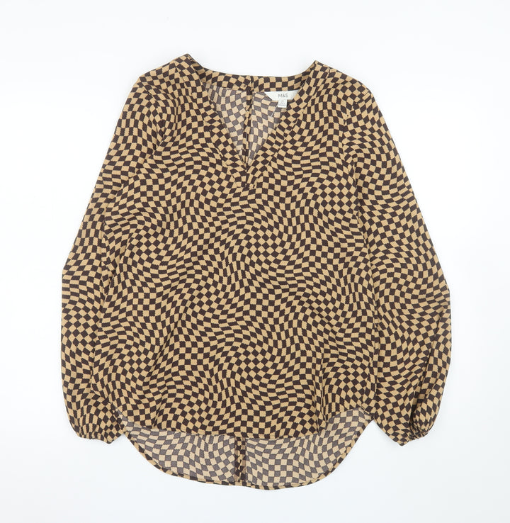 Marks and Spencer Women's Brown Check Long Sleeve V-Neck Blouse Size 8 Regular