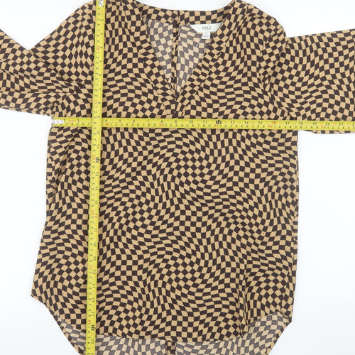 Marks and Spencer Women's Brown Check Long Sleeve V-Neck Blouse Size 8 Regular