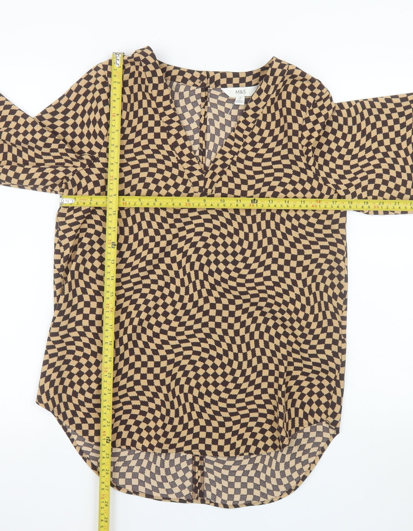 Marks and Spencer Women's Brown Check Long Sleeve V-Neck Blouse Size 8 Regular