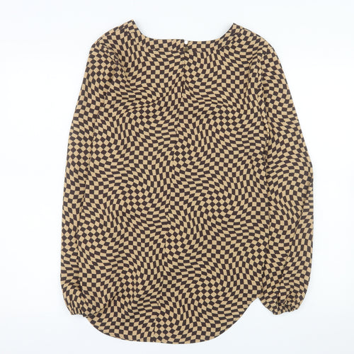 Marks and Spencer Women's Brown Check Long Sleeve V-Neck Blouse Size 8 Regular