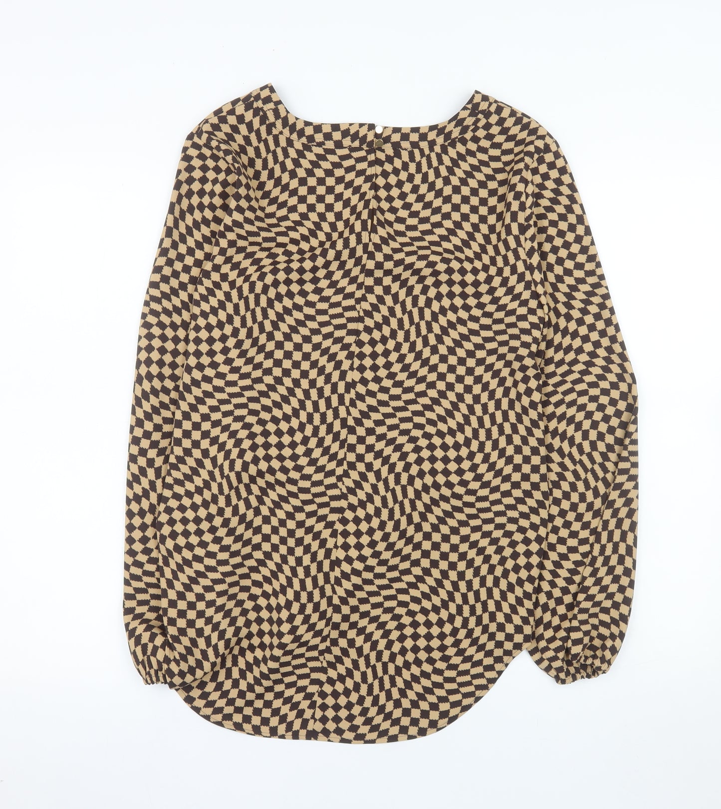Marks and Spencer Women's Brown Check Long Sleeve V-Neck Blouse Size 8 Regular