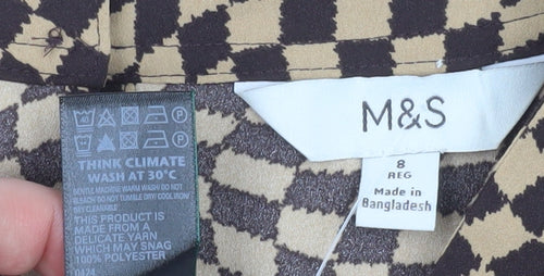 Marks and Spencer Women's Brown Check Long Sleeve V-Neck Blouse Size 8 Regular
