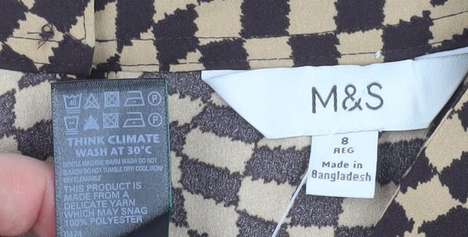 Marks and Spencer Women's Brown Check Long Sleeve V-Neck Blouse Size 8 Regular