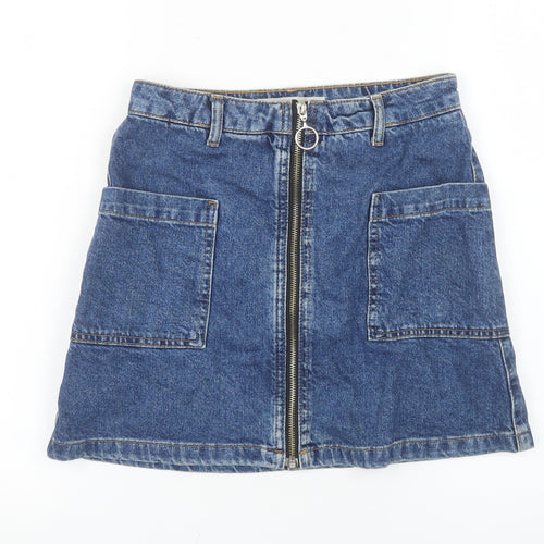 Topshop Women Blue Denim A-Line Zip Front Mini Skirt Size 6
