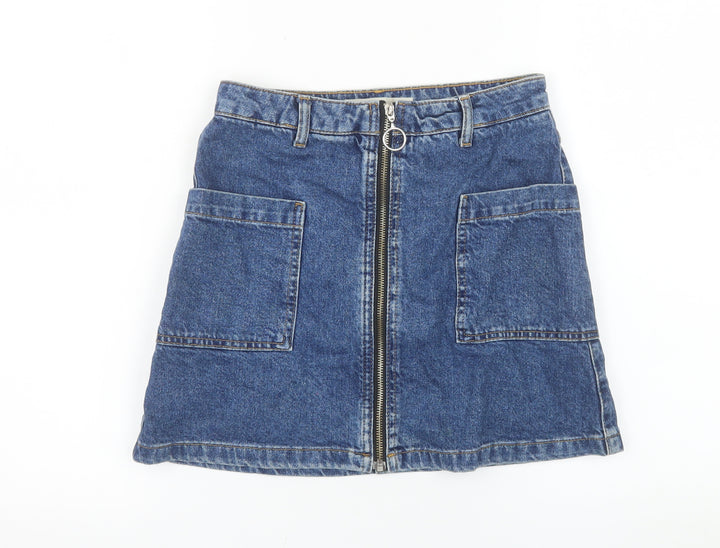 Topshop Women Blue Denim A-Line Zip Front Mini Skirt Size 6