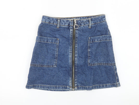 Topshop Women Blue Denim A-Line Zip Front Mini Skirt Size 6