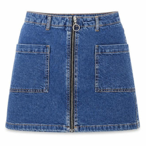 Topshop Women Blue Denim A-Line Zip Front Mini Skirt Size 6