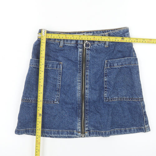 Topshop Women Blue Denim A-Line Zip Front Mini Skirt Size 6
