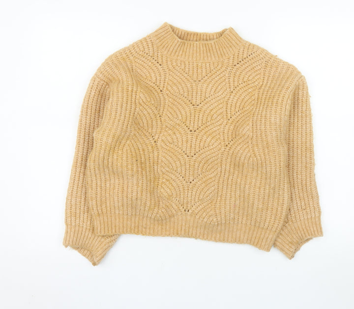 MNG Women Beige Chunky Knit Mock Neck Wool Blend Jumper M