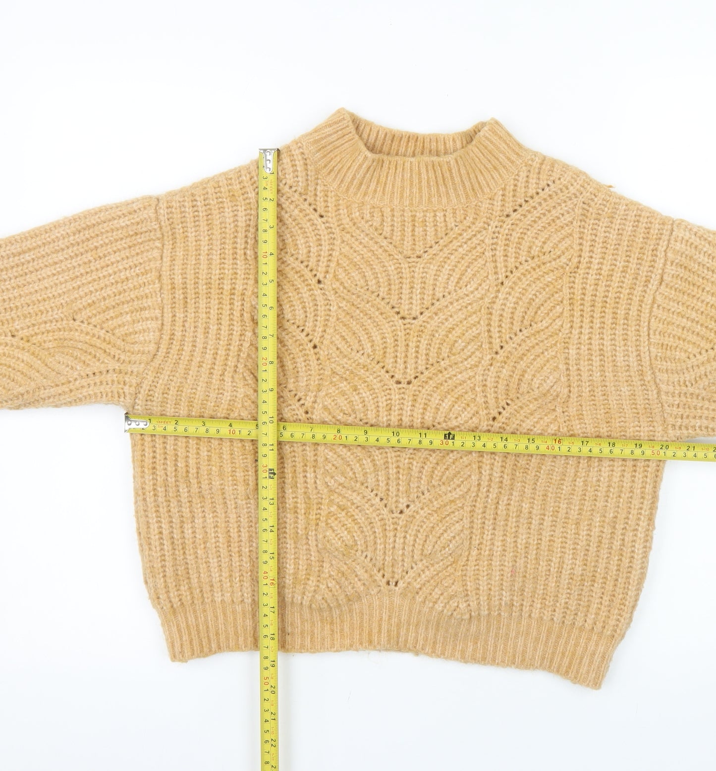 MNG Women Beige Chunky Knit Mock Neck Wool Blend Jumper M