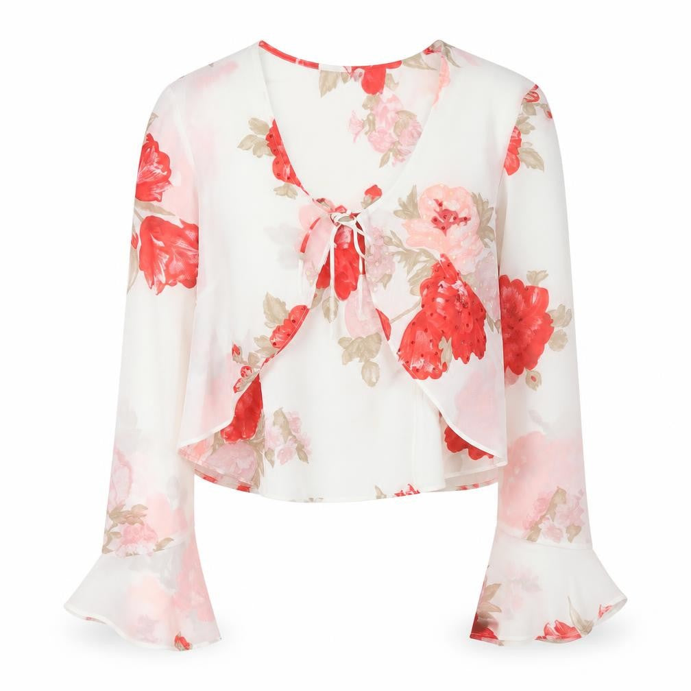 Front view of Libra women’s multicoloured floral chiffon wrap blouse, size UK 10
