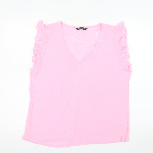 Dunnes Stores Women Pink Linen Blend Ruffle V-Neck T-Shirt Size 16