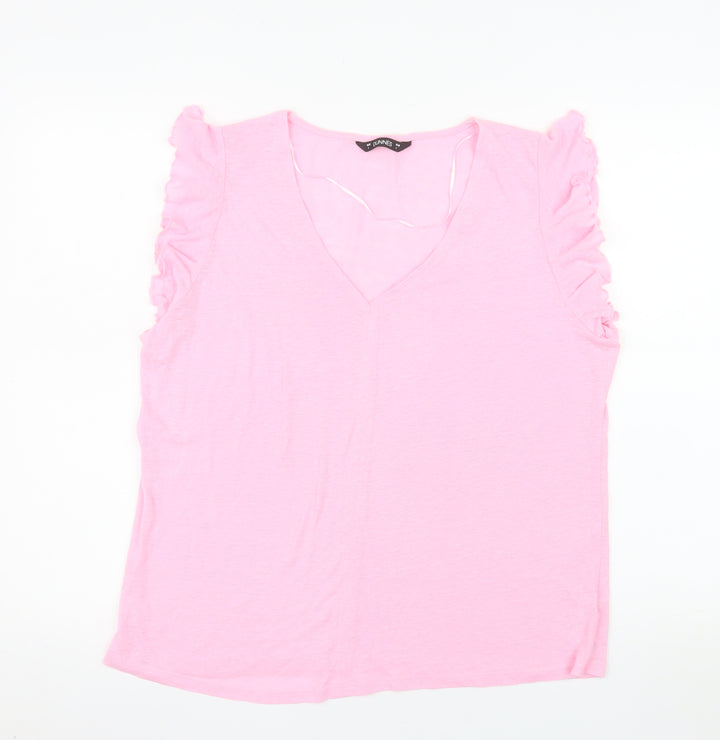 Dunnes Stores Women Pink Linen Blend Ruffle V-Neck T-Shirt Size 16