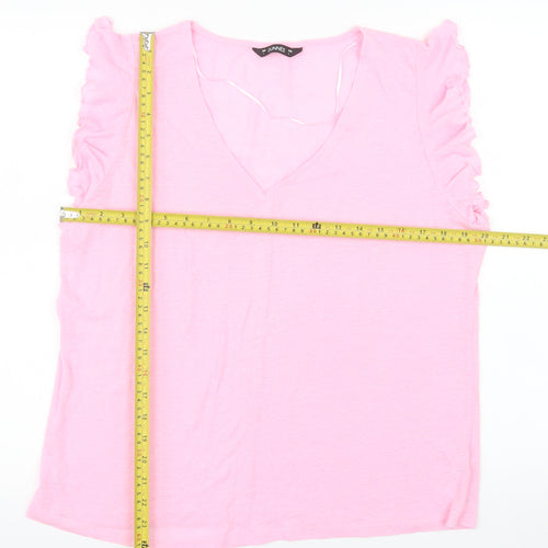 Dunnes Stores Women Pink Linen Blend Ruffle V-Neck T-Shirt Size 16