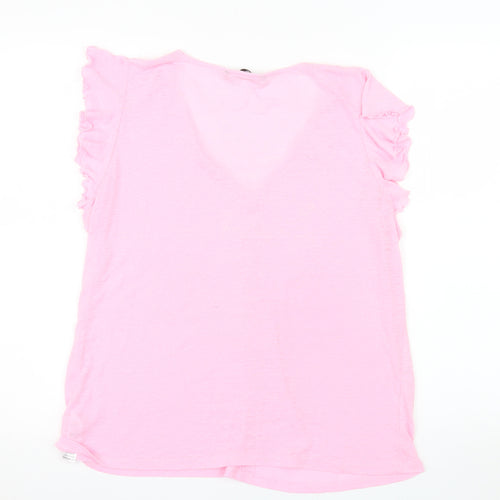 Dunnes Stores Women Pink Linen Blend Ruffle V-Neck T-Shirt Size 16