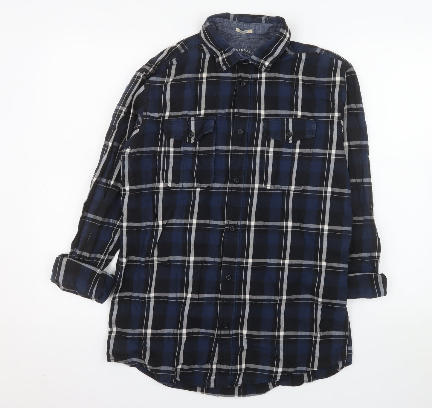 Jack & Jones Men's Blue Plaid Long Sleeve Cotton Shirt Size L