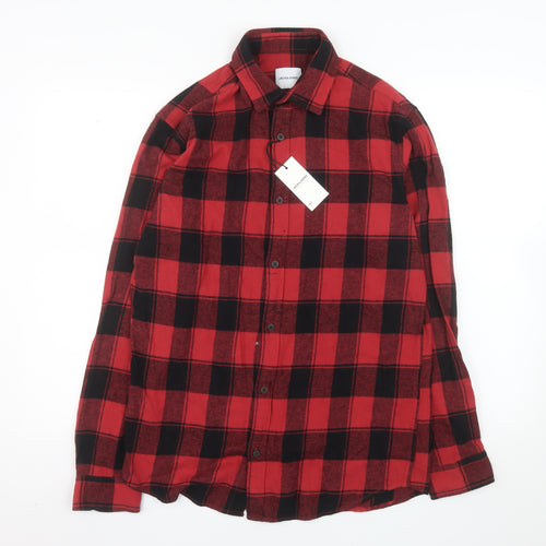 Jack & Jones Men's Red Black Check Flannel Long Sleeve Button-Up Shirt M