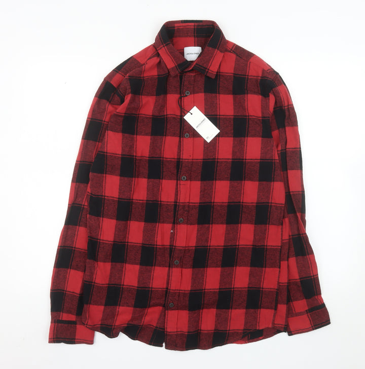 Jack & Jones Men's Red Black Check Flannel Long Sleeve Button-Up Shirt M