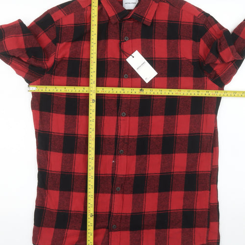 Jack & Jones Men's Red Black Check Flannel Long Sleeve Button-Up Shirt M