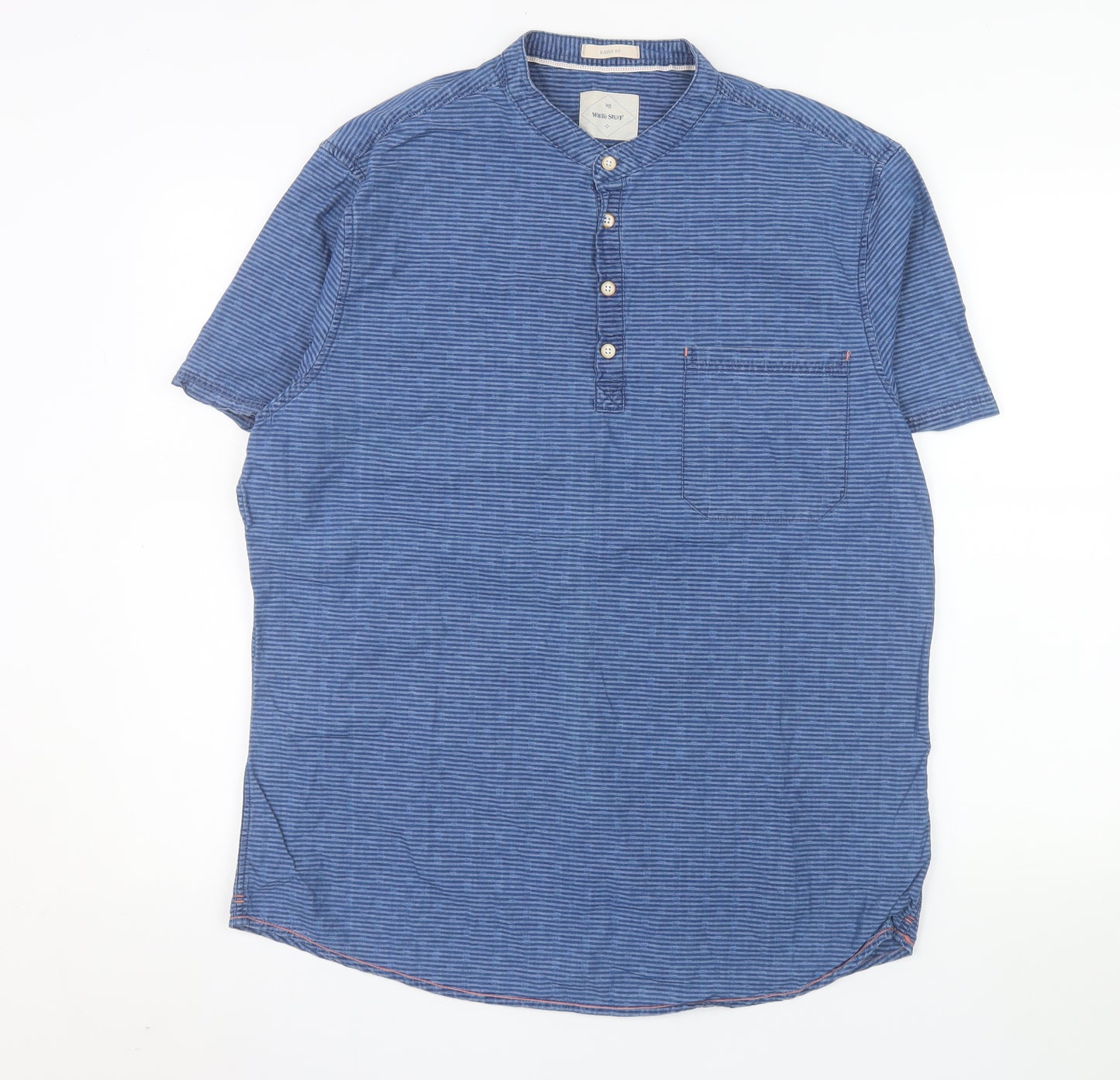 White Stuff Men's Blue Short Sleeve Henley Cotton Shirt Size L