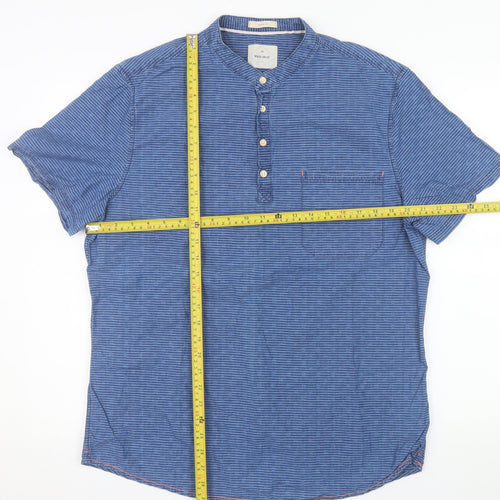 White Stuff Men's Blue Short Sleeve Henley Cotton Shirt Size L